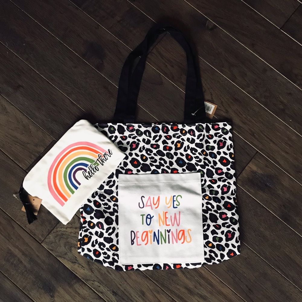 Collins Rainbow Cheetah Print Canvas Tote Bag and Zipper Tassel Pouch Set, NWT